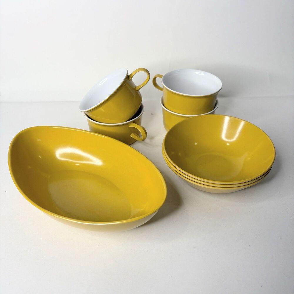 Vintage Allied Chemical Melamine Dish Set Harvest Gold Yellow 8 Pieces Bowl Mugs